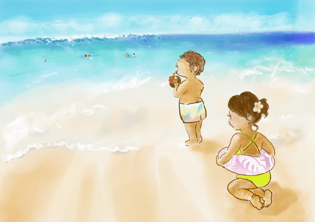 ハワイの海で遊ぶ子供たちのイラスト