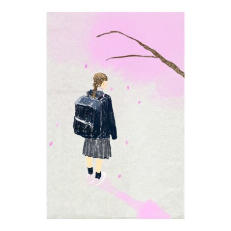 桜と女の子の後ろ姿の絵