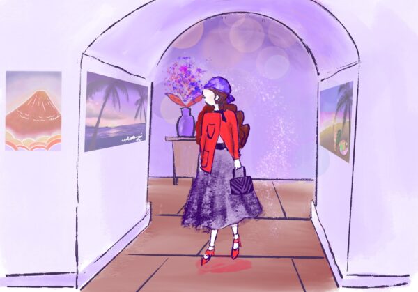 赤と紫の服を着たオシャレな女性が絵を見ているイラスト