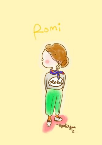 グレーのセーターとグリーンのパンツルックのイラスト