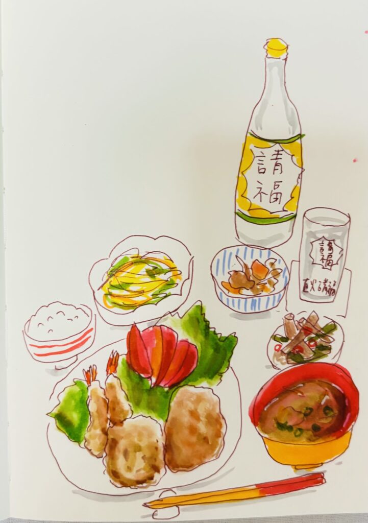 画像 ミックスフライ定食の水彩イラスト