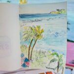 サクラクレパスプチカラー　グアムの海の絵　ヤシの木と海の水彩画